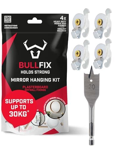 Image of Bullfix Mirror/Picture Hanging Kit - Heavy Duty Plasterboard Fixings for Pictures, Mirrors and Canvases - 4 Bullfix Universal Anchors with Collars, Hooks and a 20mm Drillbit, Picture Frame Fixings Kit