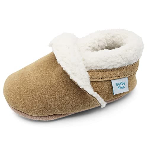 Image of Dotty Fish Baby & Kids Real Suede Slippers – Barefoot, Fleece-Lined, Non-Slip, Lightweight, Flexible, Stay On, Warm & Cosy, Boys & Girls Winter House Shoes – Light Brown Tan 2-3 Years