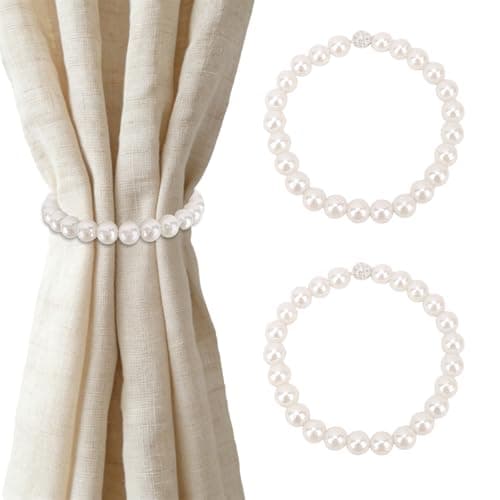 Image of 2 PCS Pearl Curtain Tiebacks, 14mm Faux Pearl Beaded Curtain Tie Backs with Magnetic Clasp, Elegant White Curtain Ties for Wedding, Living Room & Bedroom