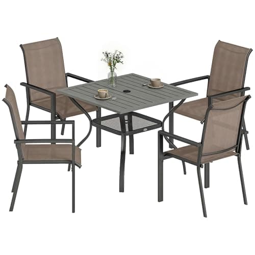 Image of Outsunny 5 Pieces Garden Dining Set for 4, Patio Table and Stackable Chairs with Breathable Mesh Seat and Parasol Hole, Garden Furniture Set with Steel Frame for Garden, Grey and Khaki