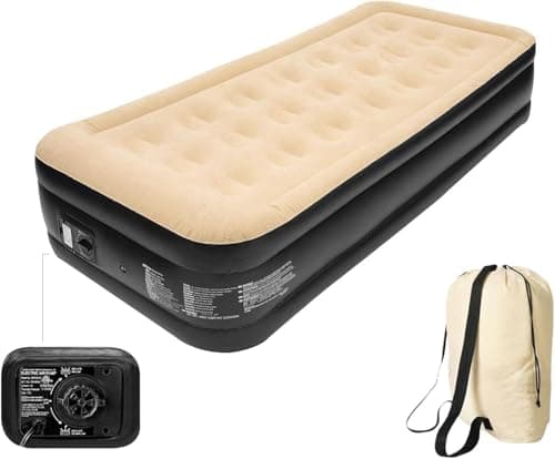 Image of Trendi Inflatable High Raised Air Bed Mattress with Built-in Electric Pump – Single Size Flocked Airbed with Pillow for Camping, Guests, Travel & Home Use