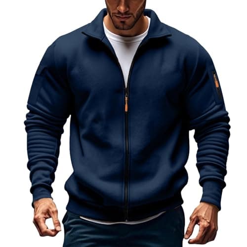 Image of ofeirhz Hoodies For Men Uk Hoodless Zip Up Hoodie Mock Neck Sweatshirt Lightweight Long Sleeve Sweatshirt Active Stretchable Jacket Multi Pockets Cardigans Tracksuit Jumpers Plus Size S-5Xl