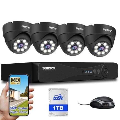 Image of SANSCO 5MP 8CH CCTV Security Camera System with 1TB Hard Drive, 8 Channel Expandable DVR, 4pcs 3K IP66 Waterproof Metal Dome Cameras, with Human/Vehicle/Face Activated Full Color Night Vision