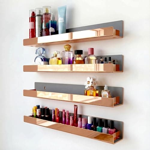 Image of RORKIM 4 Pack 15 Inch Rose Gold Reflective Acrylic Shelves, Rose Gold Floating Shelves, Modern Sunglasses Essential Oil Picture Ledge Display Toy Storage Shelf