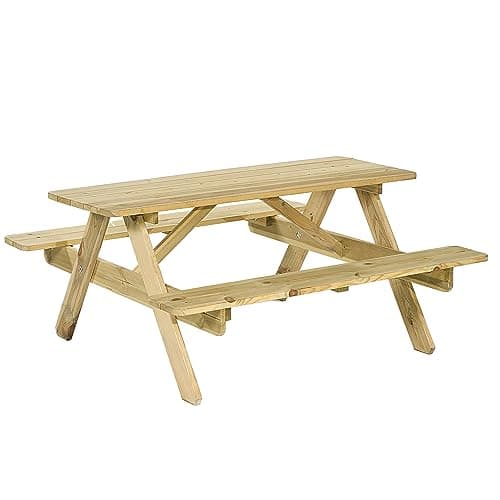 Image of BrackenStyle 6 Seat Jersey Wooden Picnic Table 140cm, Dip Treated Pine Wood Timber Bench with Parasol Hole for Gardens Parks Schools & Pubs 1.4 Meter Length with Rounded Edges