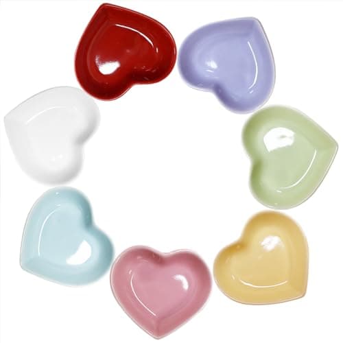 Image of Pirhosigma 7 Colors Heart Shaped Porcelain Soy Sauce Dish Snack Bowl Ceramic Dip Dipping Bowls 1.65 oz for Dinner Baking BBQ and Cooking One for Each Color Total 7 pcs