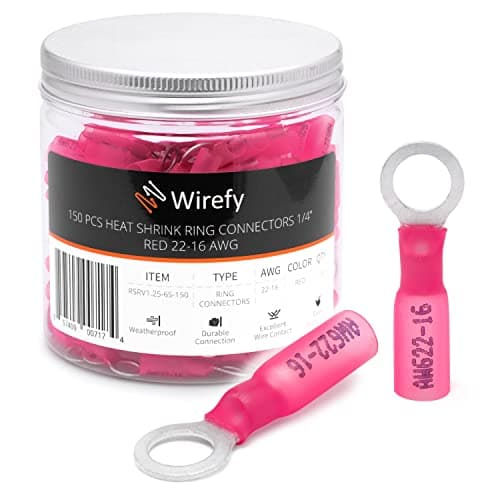 Image of Wirefy Heat Shrink Ring Terminals 1/4" - Marine Grade Terminal Connectors - Waterproof Eyelet Wire Connectors - Red 22-16 AWG - 150 PCS