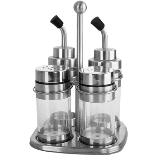 Image of 4pcs Oil Vinegar Dispenser Salt Pepper Shaker Set with Storage Stand, Glass Salt and Pepper Shakers Olive Oil Vinegar Cruets for Home Kitchen