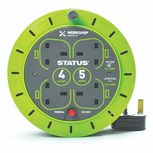 Image of STATUS 4 Socket Cable Reel, 5m, Green, 13 Amp, Thermal Cut Out, Heavy Duty, Outdoor Extension Lead, Ideal for DIY, Garden, Home, Workshop Use (S5M13ACR5)