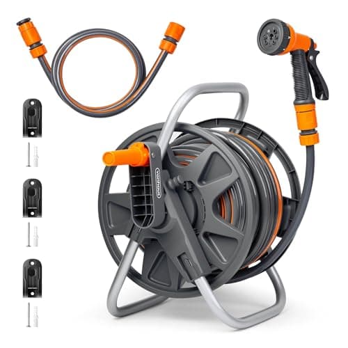 Image of Vonhaus Garden Hose Reel 25m – 2-in-1 Hose Pipe Reel with 8-Pattern Spray Nozzle & 1/2" and 3/4" Fittings, Wall Mounted and Freestanding Heavy Duty Rewind Water Hose