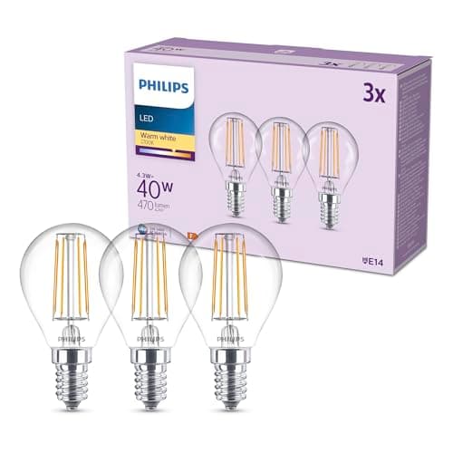 Image of Philips Classic P45 LED Bulb, 40 W, Clear, E14 Socket, Warm White 2700 K, 3 Pack