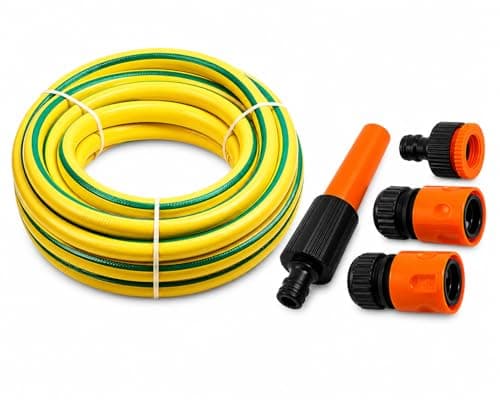 Image of 15m Yellow Garden Hose Pipe with Hose Fittings Flexible Garden Hose Pipe with Spray Gun Nozzle Watering Hose for Garden | Cleaning High Pressure Hose Pipe for Outdoor Use (15 M)