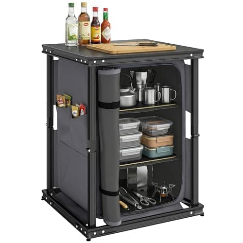 Image of Outsunny Camping Cupboards, Folding Portable Camping Kitchen Table with 3-Tier Storage, Side Pockets and Adjustable Legs, Kitchen Unit for Picnic, BBQ, Outdoor Activities, Black