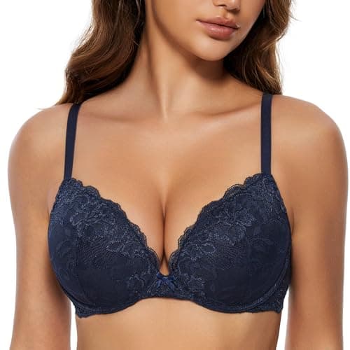 Image of WingsLove Women's Push up Bra Floral Lace Padded Underwire Bra Demi Plunge (Navy Blue 38B)