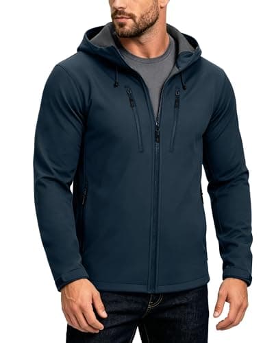 Image of 33,000ft Men's Waterproof Softshell Jackets Lightweight Fleece-Lined Running Jacket Breathable Windbreaker Casual Functional Coat with Hood for Cycling, Hiking,Golf Midnight Blue M