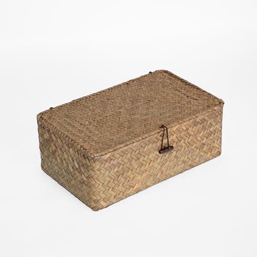 Image of Wickerfield Seagrass Storage Basket Box with Lid, Wicker Decorative Storage Boxes with Lids, Handwoven Wicker Storage Basket with Lid, Woven Rattan Hamper Box Home Organizer for Shelves (Small)