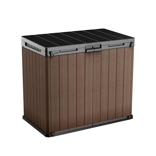 Image of Keter Store-It-Out Darwin 1150L Outdoor Storage Box – Brown | Evotech Wood-Effect Resin | Fits 2 x 240L Wheelie Bins | Lockable, Weatherproof, Hydraulic Lid & Double Doors