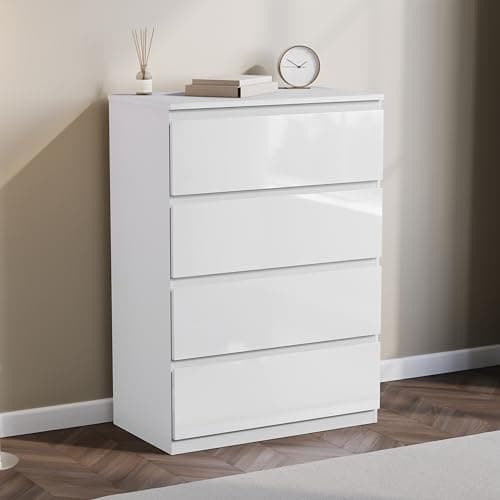 Image of Vida Designs Glinton 4 Drawer Chest of Drawers | White | 95.5H x 70W x 40D cm | Stylish High-Gloss | Space-Saving Storage | Smooth Metal Runner | Easy Assembly | Modern Bedroom Furniture Unit