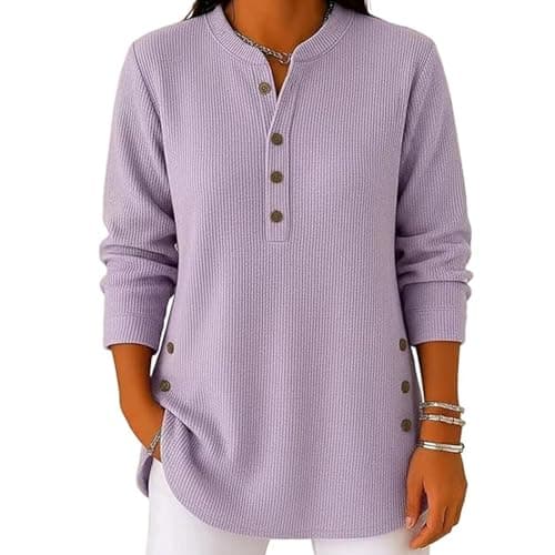 Image of Women's Solid Color Crew Neck Long Sleeve Casual Loose Knit Pullover Crewneck Knit Sweater Jumper Tops Button Long Sleeve Top (Light Purple,M)