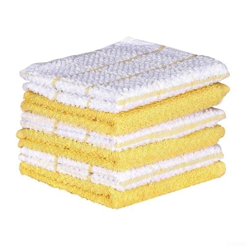 Image of Cotton Dish Towels Set | Terry Kitchen Cloths for Washing Dishes | Soft Absorbent Cleaning Rags | Machine Washable Square Wipes for Home | 6 Pack(yellow grid)