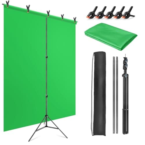 Image of JEBUTU Green Screen Background with Stand 1.5x2m (5x6.5ft), 1.5x2m Green Screen Photography Backdrop Kit with 5 Clamps for Chroma Key, Gaming, Photo Studio, Live Streaming