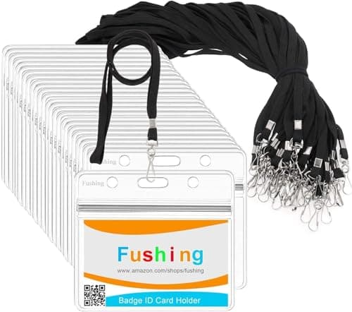 Image of Fushing 20Pcs Clear Plastic Horizontal Name Tags Badge ID Card Holders and 20Pcs Flat Neck Lanyards with Swivel Hook