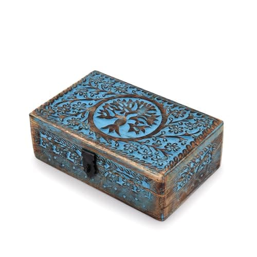 Image of BHAVATU Handmade Mango Wood Blue Tree of Life Engraving Handcarved Jewellery Box for Women-Men Jewel | Home Decor Accents | Decorative Boxes