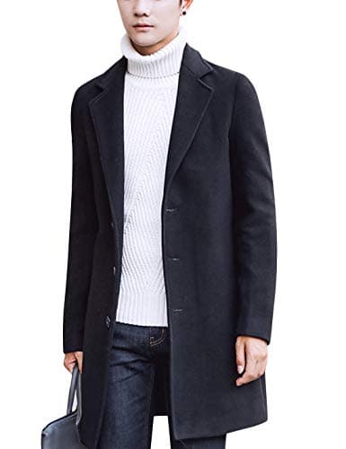 Image of Springrain Men's Wool Blend Pea Coat Notched Collar Single Breasted Overcoat Warm Winter Trench Coat, Black, L