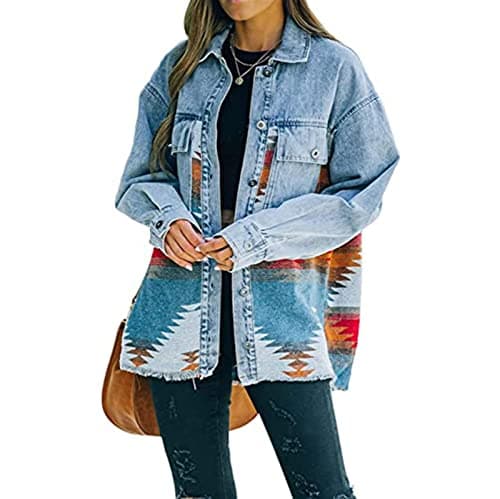 Image of FUZUAA Women's Casual Aztec Button Down Denim Jacket Oversized Distressed Shirt Shacket (Color : Orange, Size : XL)