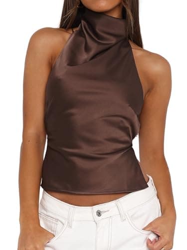 Image of Women Y2k High Neck Halter Tank Tops Sexy Mock Neck Open Back Crop Top Summer Solid Satin Going Out Camisole(Brown,Medium)
