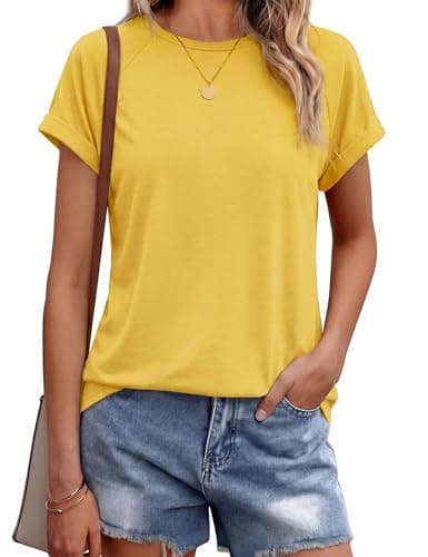 Image of Leversic Casual Women Tops Plain Short Sleeve T-Shirt Crew Neck Regular Fit Summer Tunic Basic Tee (Yellow,XL)