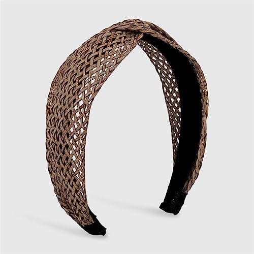 Image of Bohemian Straw Lafite Grass Weaving Headband Vintage Raffia Hairband Cross Handmade Hair Hoop For Women Girls Khaki