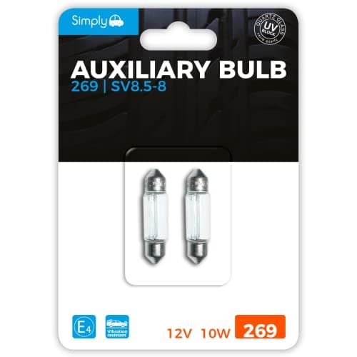Image of Simply Auto S269BL 269 SV8.5-8 12V 10W Festoon Auxiliary Bulbs 11x34mm Twin Pack | Interior, Courtesy & Auxiliary Car Light Replacement
