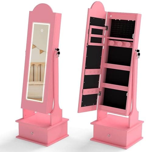Image of SFAREST Kids Jewelry Cabinet, Freestanding Girls Jewelry Organizer with Full-Length Mirror, LED Lights, Drawer & 2 Adjustable Tilt Angles, Wooden Children Jewelry Armoire for Bedroom (Pink)