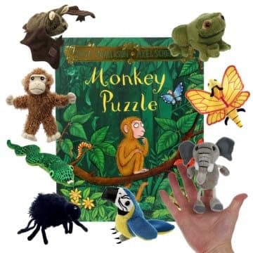 Image of The Puppet Company Monkey Puzzle Storybook Set – Soft Jungle Animal Finger Puppets for Toddlers and Babies – Nursery Rhyme Toy for Storytelling, Roleplay, Learning, and Early Language Development
