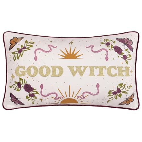 Image of Furn Good Witch Polyester Filled Cushion – Reversible Halloween Embroidered Velvet Decorative Pillow with Metallic Thread (Angel White - 30x50cm)