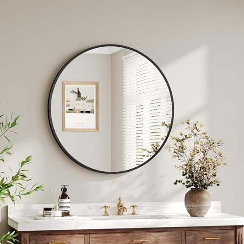 Image of Dripex 50cm Round Mirror, Circle Hanging Wall Mirror - Home Decorative Wall Mounted Vanity Mirror for Bathroom, Dressing Room & Living Room, Black
