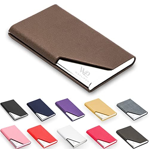 Image of Waylipun Business Card Holder, Professional PU Leather & Stainless Steel Business Name Card Case, Keep Business Cards in Immaculate Condition, Slim Metal Pocket Card Holder with Magnetic Shut(Brown)