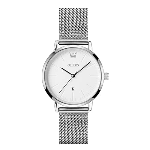 Image of OLEVS Silver Watches for Women Classic White Big Face Ultra Thin Dress Women's Watch Minimalist Stainless Steel Mesh Belt Ladies Watches Waterproof Analog Quartz with Date Womens Watch