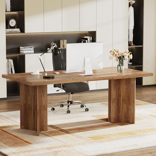 Image of Tribesigns 63-inch Executive Desk, Vintage Home Office Computer Desk with Large Tabletop, Farmhouse Wood Writing Conference Table Workstation for Office, Study, Walnut Brown
