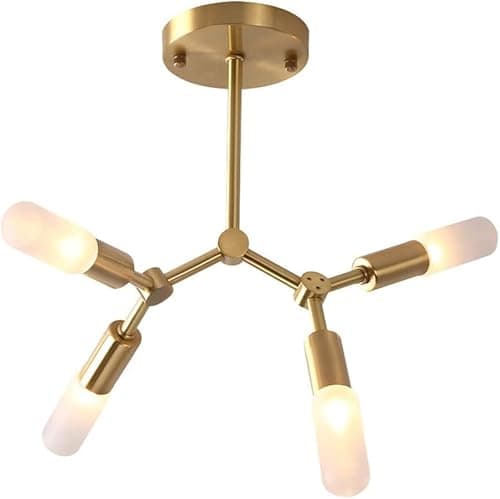 Image of Modern brass XSKPP, Glass Flush Mount Ceiling Light 4-Light Gold Brushed Brass Pendant Lights with White Frosted Globe Shade Sputnik