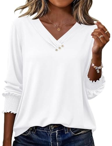 Image of Rapbin 3/4 Sleeve Tops for Women UK Summer V Neck Ladies Clothes Casual Elegant Business Blouses Tunic White-L(UK 16-18)