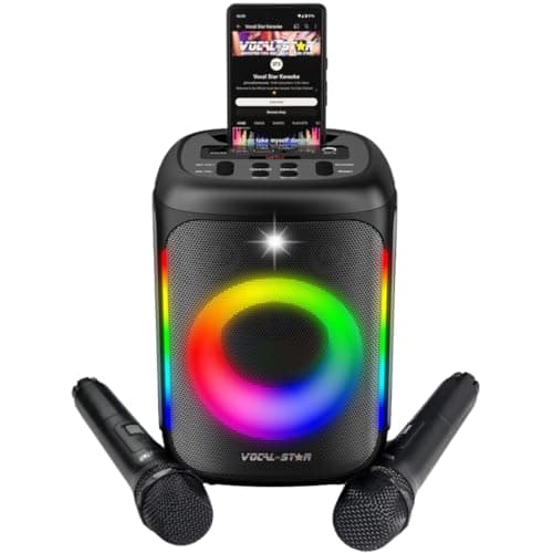 Image of Vocal-Star VS-275 Karaoke Machine with 2 Wireless Microphones, Portable Bluetooth Speaker with phone holder, 80w Speaker, Light Effects, Records Singing, TWS, AUX, Rechargeable