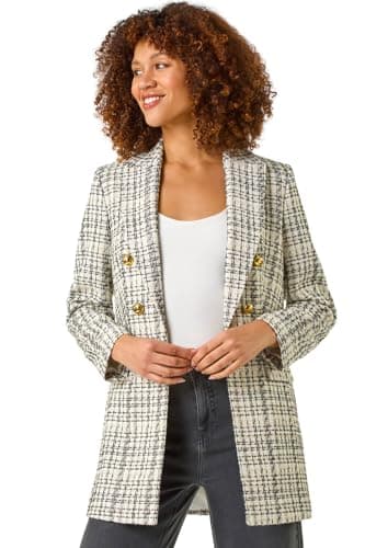Image of Roman Boucle Blazer for Women UK Ladies Frayed Edge Tailored Longline Rever Collar Jacket Lapel Stretch Smart Office Work Party Night Going Out Lined Classic - Noir Ivory - Size 16