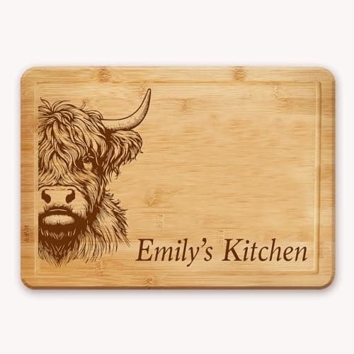 Image of Highland Cow Themed Laser Engraved Chopping Board with Optional Personalised Name Or Message