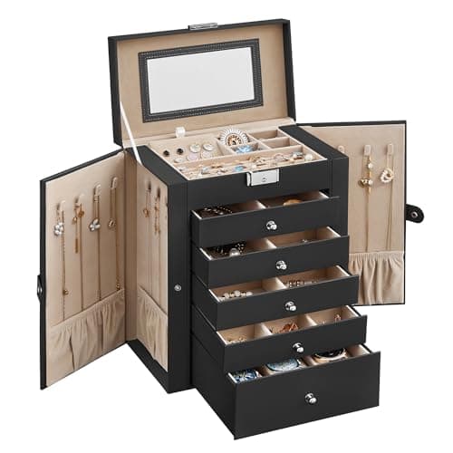 Image of SONGMICS Jewellery Box 6 Tiers, Jewellery Case with 5 Drawers, Large Storage Capacity, with Mirror, Lockable, Jewellery Storage Organiser, Gift for Loved Ones, for Watches, Black JBC152B01