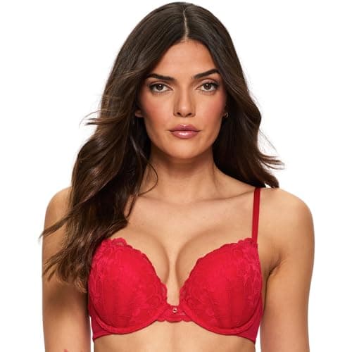 Image of Ann Summers Sexy Lace Padded Boost Bra, A-DD Cup, Curve-Enhancing Womens Underwear with Graduated Push-Up Cups, Underwire Support & Plunge Fit for Double Cleavage Boost Red - Womens Lingerie