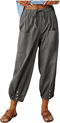 Image of ASKSA Womens 7/8 Length Trousers Wide Leg Pants Casual Lightweight Summer Loose Linen with Pockets (Dunkelgrau,M)