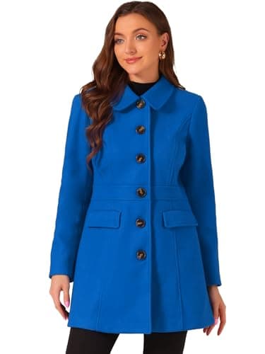 Image of Allegra K Women's Winter Peter Pan Collar Single Breasted Outwear Buttoned Long Coat Blue M