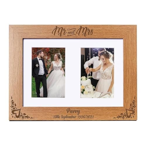 Image of Personalised Mr and Mrs Wedding Double Wooden Photo Frame Gift Engraved
